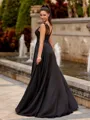Elegant A-line V-Neck Appliques Lace Sweep Train Satin Chiffon Prom Dress