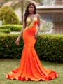 Opulent Mermaid Scoop Appliques Lace Sweep Train Jersey Prom Dress