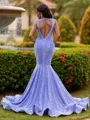 Stunning Mermaid Scoop Beading Sweep Train Velvet Sequins Prom Dress