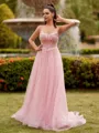 Splendid A-line Sweetheart Appliques Lace Sweep Train Tulle Corset Prom Dress