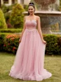 Splendid A-line Sweetheart Appliques Lace Sweep Train Tulle Corset Prom Dress