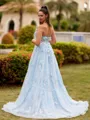 Graceful A-line Sweetheart Appliques Lace Sweep Train Tulle Corset Prom Dress