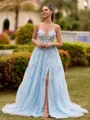 Graceful A-line Sweetheart Appliques Lace Sweep Train Tulle Corset Prom Dress