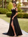 Gorgeous A-line One-Shoulder Appliques Lace Sweep Train Chiffon Corset Prom Dress