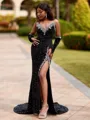 Luxurious Sheath V-Neck Long Sleeves Beading Court Train Velvet Sequins Prom Dress