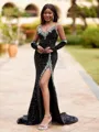 Luxurious Sheath V-Neck Long Sleeves Beading Court Train Velvet Sequins Prom Dress