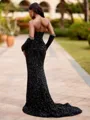 Luxurious Sheath V-Neck Long Sleeves Beading Court Train Velvet Sequins Prom Dress