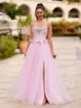 Captivating A-line Straight Rhinestone Floor-Length Tulle Corset Prom Dress
