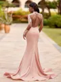 Striking Sheath High Neck Long Sleeves Appliques Lace Sweep Train Prom Dress