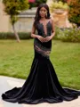 Splendiferous Mermaid Scoop Appliques Lace Sweep Train Velvet Prom Dress