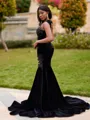 Splendiferous Mermaid Scoop Appliques Lace Sweep Train Velvet Prom Dress