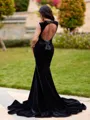 Splendiferous Mermaid Scoop Appliques Lace Sweep Train Velvet Prom Dress