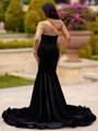 Unforgettable Mermaid One-Shoulder Long Sleeves Appliques Lace Floor-Length Velvet Prom Dress