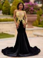 Unforgettable Mermaid One-Shoulder Long Sleeves Appliques Lace Floor-Length Velvet Prom Dress