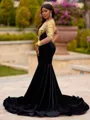 Unforgettable Mermaid One-Shoulder Long Sleeves Appliques Lace Floor-Length Velvet Prom Dress