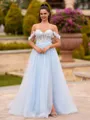 Fashion-forward A-line Off-the-Shoulder Appliques Lace Court Train Tulle Corset Prom Dress