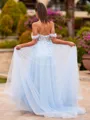 Fashion-forward A-line Off-the-Shoulder Appliques Lace Court Train Tulle Corset Prom Dress