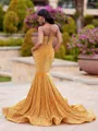 Unique Mermaid Straight Beading Sweep Train Velvet Sequins Prom Dress