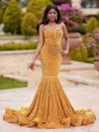 Unique Mermaid Straight Beading Sweep Train Velvet Sequins Prom Dress