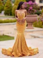 Unique Mermaid Straight Beading Sweep Train Velvet Sequins Prom Dress
