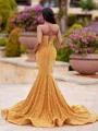 Unique Mermaid Straight Beading Sweep Train Velvet Sequins Prom Dress
