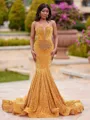 Unique Mermaid Straight Beading Sweep Train Velvet Sequins Prom Dress