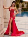 classy Sheath One-Shoulder Appliques Lace Court Train Silk Like Satin Corset Prom Dress