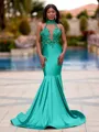 Glamorous Mermaid Halter Appliques Lace Floor-Length Jersey Prom Dress