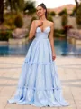 Hermosos A-line V-Neck Ruffles Floor-Length Corset Prom Dress