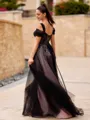 Graceful A-line Cold Shoulder Appliques Lace Sweep Train Tulle Corset Prom Dress