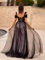 Graceful A-line Cold Shoulder Appliques Lace Sweep Train Tulle Corset Prom Dress