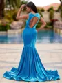 Grand Mermaid Scoop Appliques Lace Sweep Train Velvet Prom Dress