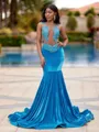 Grand Mermaid Scoop Appliques Lace Sweep Train Velvet Prom Dress