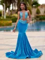 Grand Mermaid Scoop Appliques Lace Sweep Train Velvet Prom Dress
