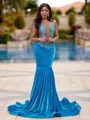 Grand Mermaid Scoop Appliques Lace Sweep Train Velvet Prom Dress