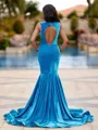 Grand Mermaid Scoop Appliques Lace Sweep Train Velvet Prom Dress