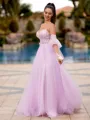 Enchanting A-line Sweetheart Long Sleeves Appliques Lace Sweep Train Tulle Corset Prom Dress