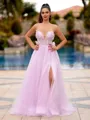 Enchanting A-line Sweetheart Long Sleeves Appliques Lace Sweep Train Tulle Corset Prom Dress