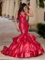 Splendiferous Mermaid Scoop Cascading Ruffles Sweep Train Sequins Prom Dress