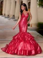 Splendiferous Mermaid Scoop Cascading Ruffles Sweep Train Sequins Prom Dress