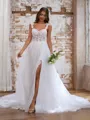 Exquisite A-line Off-the-Shoulder Tulle Cathedral Train Corset Wedding Dress With Slit
