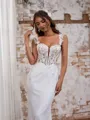 Fashion Sheath/Column Off-the-Shoulder Stretch Crepe Cathedral Train Corset Wedding Dress With Appliques Lace