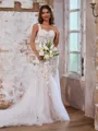 Flattering Trumpet/Mermaid Off-the-Shoulder Tulle Cathedral Train Corset Wedding Dress With Appliques Lace