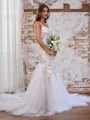 Flattering Trumpet/Mermaid Off-the-Shoulder Tulle Cathedral Train Corset Wedding Dress With Appliques Lace