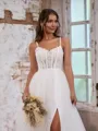 Charming A-line Spaghetti Straps Tulle Chapel Train Corset Wedding Dress With Slit