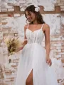Charming A-line Spaghetti Straps Tulle Chapel Train Corset Wedding Dress With Slit