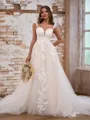 A-line Elegant Off-the-Shoulder Tulle Cathedral Train Wedding Dress With Appliques Lace