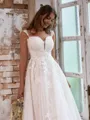 A-line Elegant Off-the-Shoulder Tulle Cathedral Train Wedding Dress With Appliques Lace