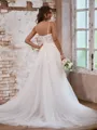 Unique A-line Spaghetti Straps Tulle Court Train Corset Wedding Dress With Appliques Lace