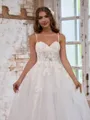 Unique A-line Spaghetti Straps Tulle Court Train Corset Wedding Dress With Appliques Lace